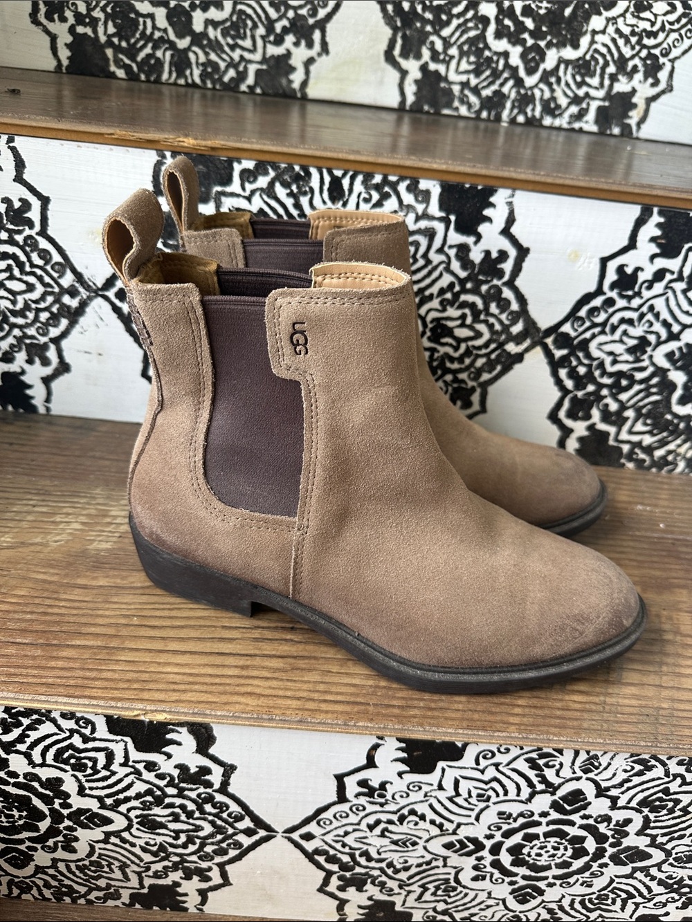 UGG Taupe Suede Chelsea Boots with Brown Elastic